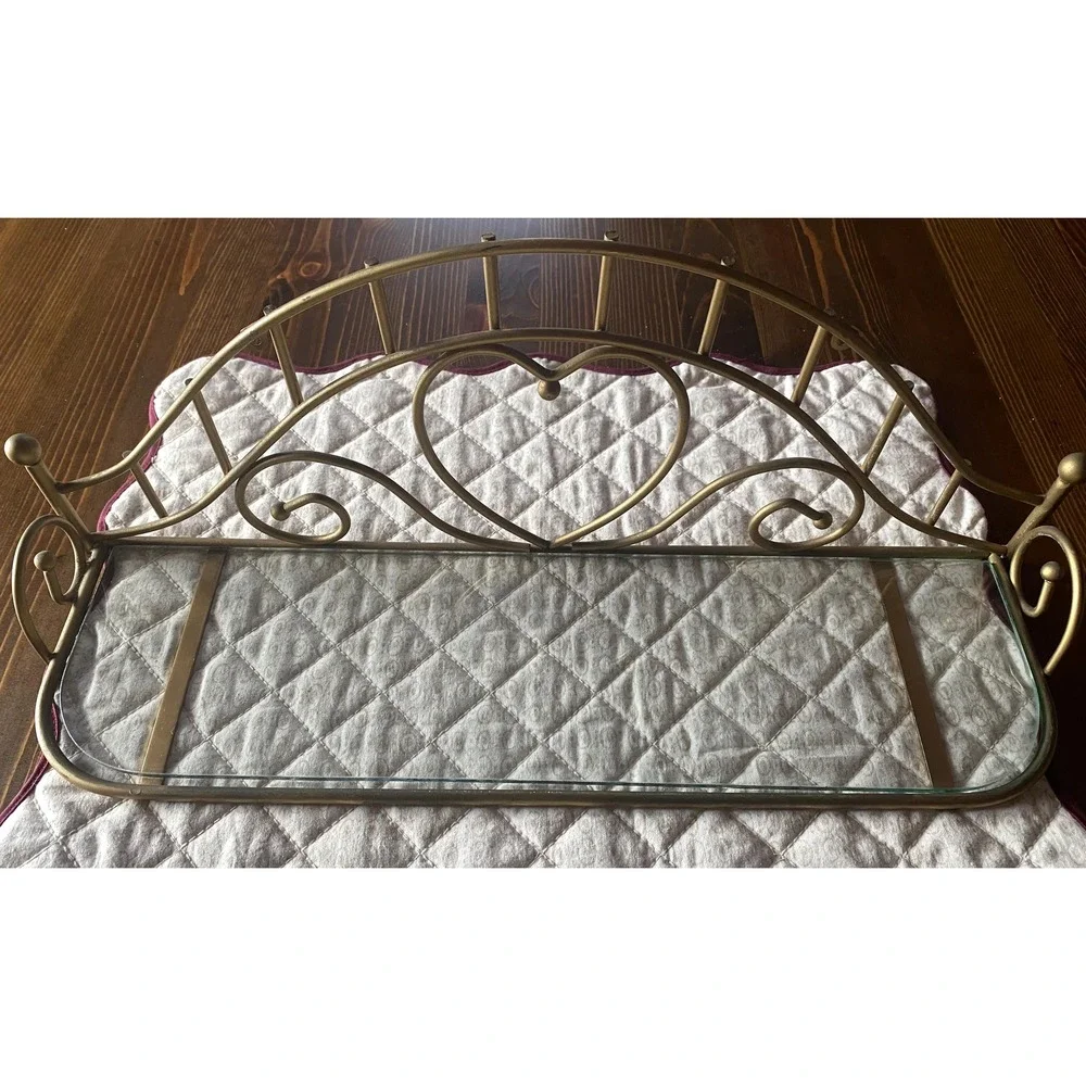 Vintage Glass Wall Shelf  Brass Heart Design Cottage Farmhouse Nursery Bathroom